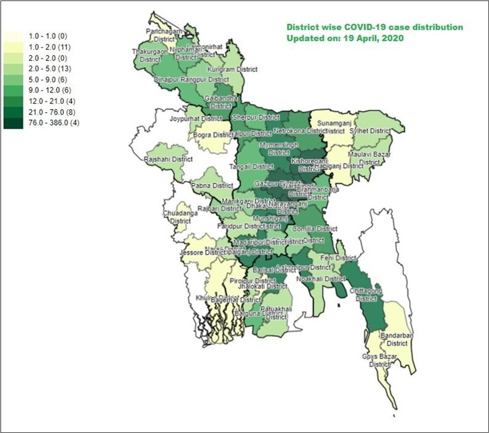 The Mapping of COVID-19 Confirmed Cases in BANGLADESH, 19 April 2020 (Source: IEDCR Web).