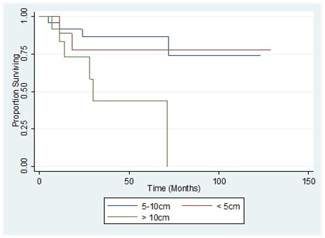 Comparison of the overall survival by tumor size of patients with primary breast sarcoma in the Philippine General Hospital from 2000-2010