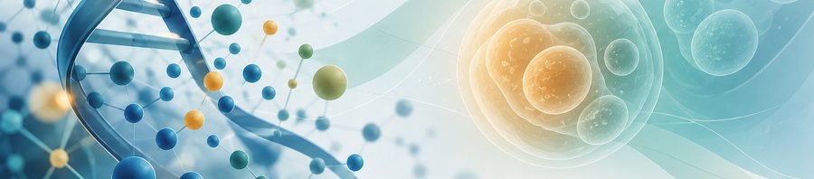 Editorial illustration: a band of connected molecular spheres and a partial helix resolving into a soft cell-like form.